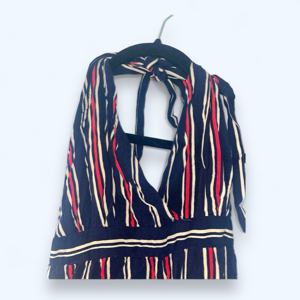 Navy Blue Backless Tied Romper Jumpsuit with Red and Beige Stripes